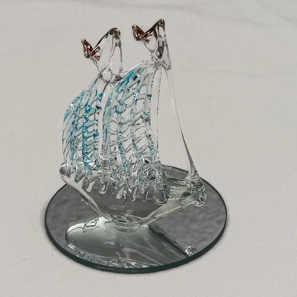 Vintage Spun Glass Ornament Ship 24K Gold Plated Mirror Base